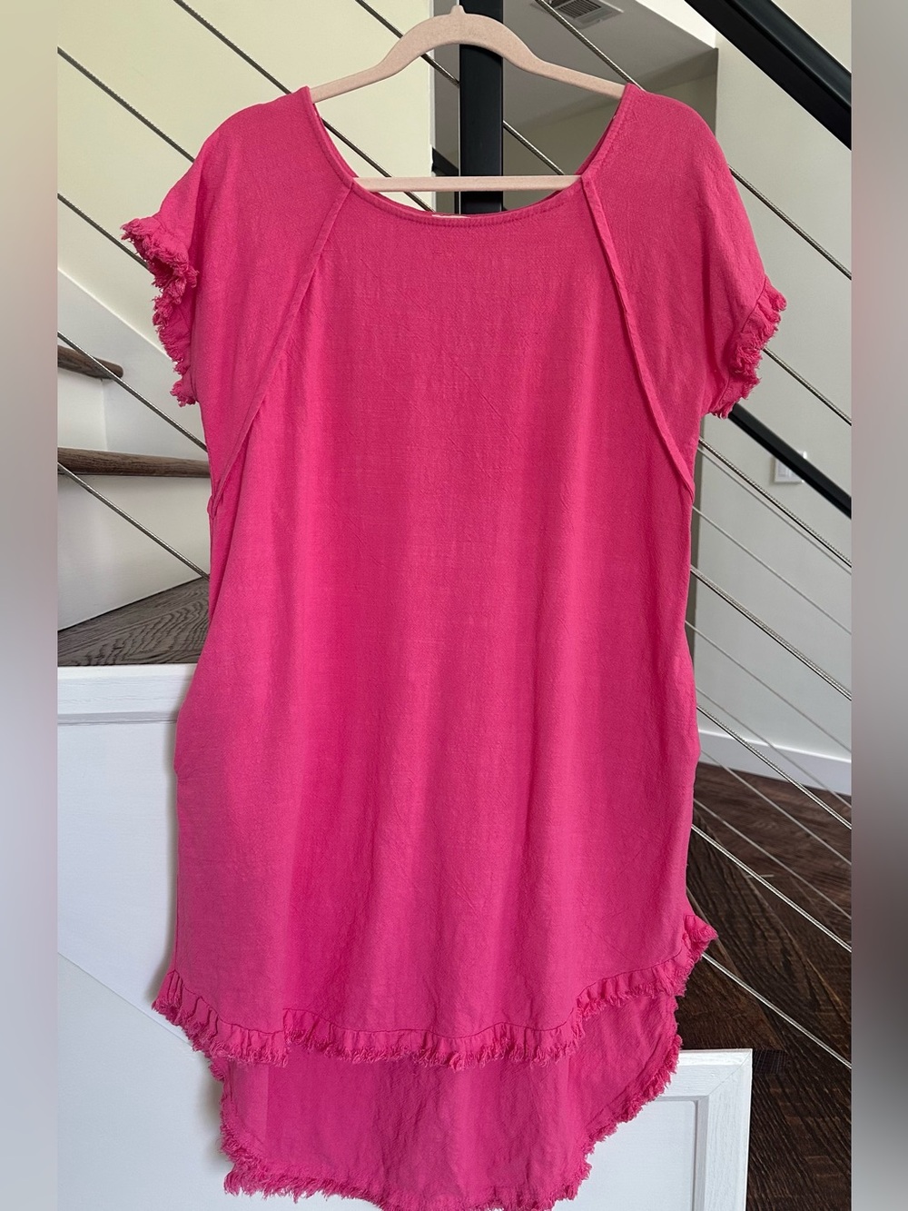 Umgee Pink High-Low Fringe Hem Linen Short Sleeve Dress Pockets | Size: Small